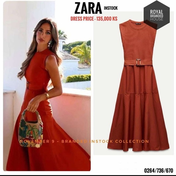 ZARA | A-line contrast rust colored belted midi dress - Picture 9 of 16